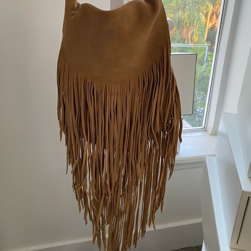 Fringed Suede Shoulder Bag in Cognac Brown